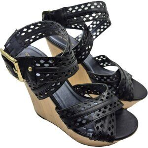 Shoe Republic LA Black Laser-Cut PU Leather Platform Wedge Sandals Women's 8.5